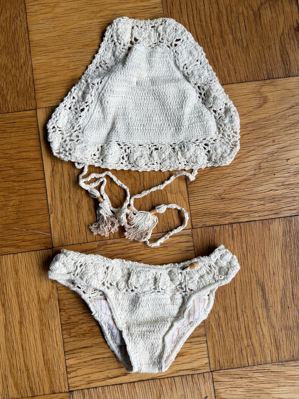 She Made Me Bikini Crochet Halter Bikini Set, Sz S/M, Natural
